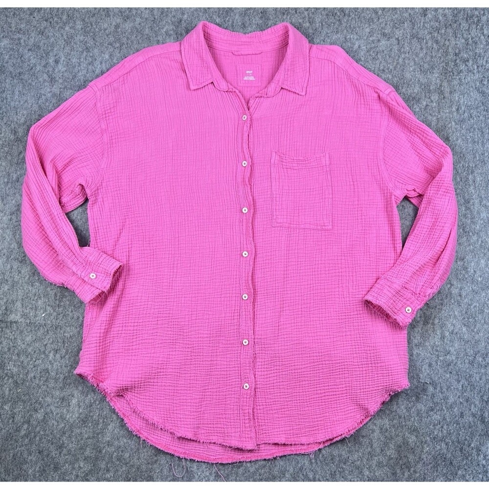 Aerie Women's Muslin Gauze Button Up Shirt Pink Oversize Relaxed Comfort Size L